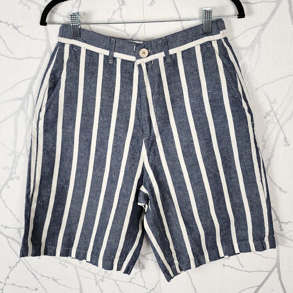 Zara Man Blue Chambray Stripe Cotton Linen Chino Shorts
